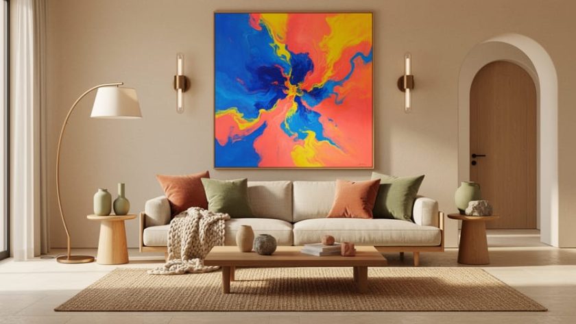 Contemporary living room with a natural-linen sofa, electric-hued abstract artwork, arched doorway, travertine surfaces, and warm oak tones under soft natural daylight.