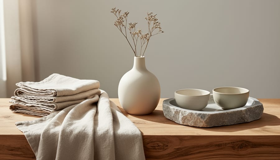 Close-up of contemporary decor items on a console shelf, including ceramic vase, linen throw, books, and stone accents.