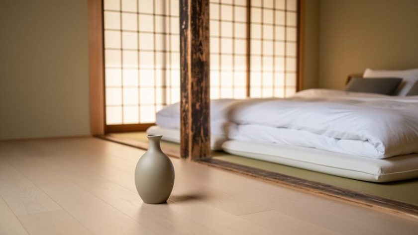 Japanese-inspired minimalist living room with a low platform bed, shoji-style screen filtering light, and a single ceramic vase on a light wood floor.
