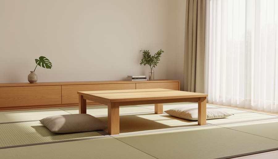 Minimialist Japanese-inspired living room with tatami mats, a low table, and a shoji screen