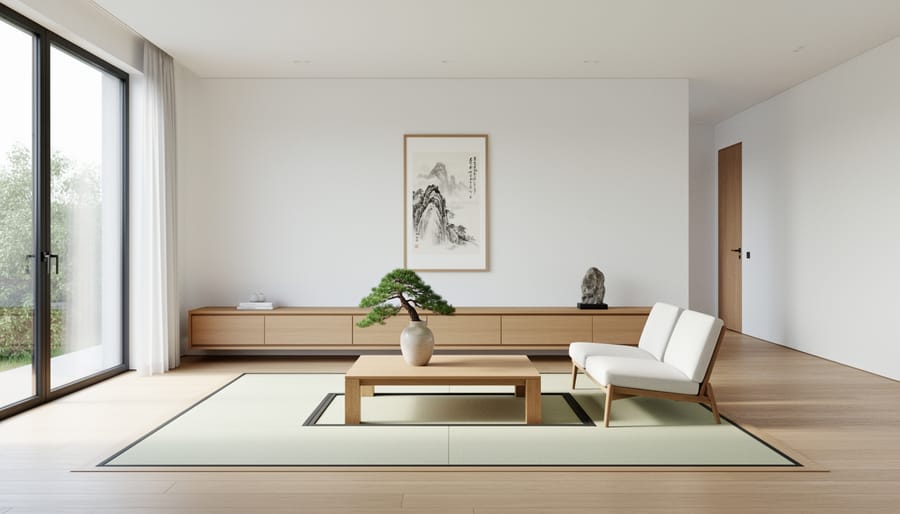 Modern living room showing Japanese-inspired elements like minimal storage and low seating