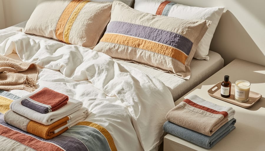 Top-down view of coordinated bedding, towels, and a scented candle on a bed in neutral colors