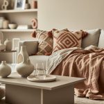 Modern living room styled with neutral linen bedding, sculptural ceramic vases, minimalist glassware, and textured patterned cushions in warm tones.