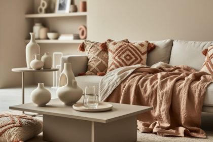 Modern living room styled with neutral linen bedding, sculptural ceramic vases, minimalist glassware, and textured patterned cushions in warm tones.