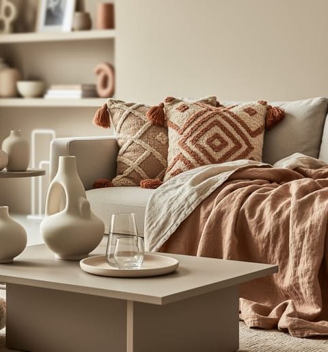 Modern living room styled with neutral linen bedding, sculptural ceramic vases, minimalist glassware, and textured patterned cushions in warm tones.