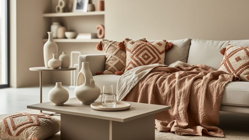 Modern living room styled with neutral linen bedding, sculptural ceramic vases, minimalist glassware, and textured patterned cushions in warm tones.