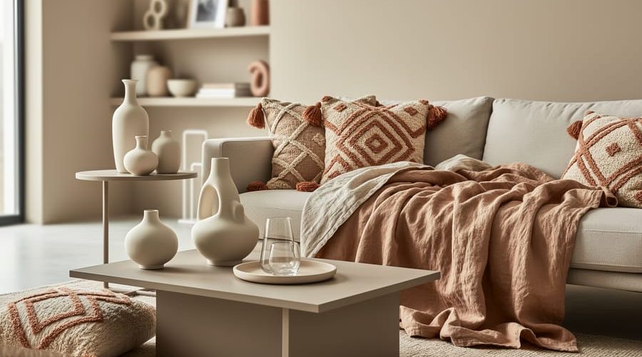 Modern living room styled with neutral linen bedding, sculptural ceramic vases, minimalist glassware, and textured patterned cushions in warm tones.