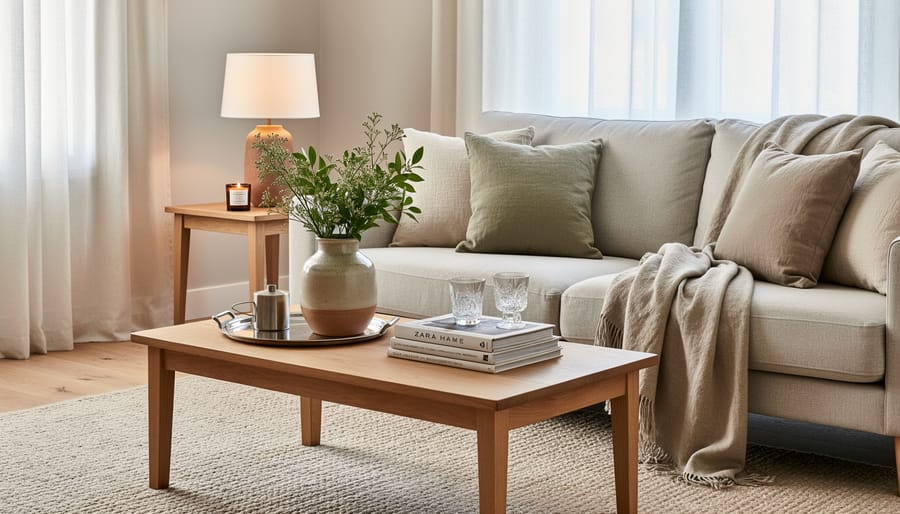 Zara Home-style living room with linen sofa, textured throw, accent pillows, and a ceramic table lamp in warm neutral tones