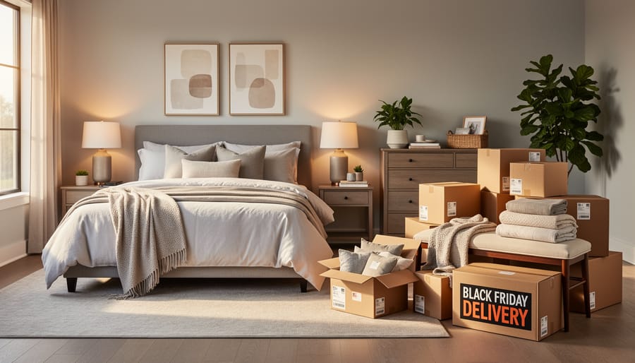 Bedroom with a turned-on bedside lamp and a partially unboxed delivery box indicating furniture arriving after Black Friday online shopping