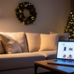 “Modern living room with sofa and lamp next to a laptop representing online Black Friday home furnishings deals.”