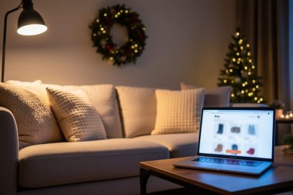 “Modern living room with sofa and lamp next to a laptop representing online Black Friday home furnishings deals.”