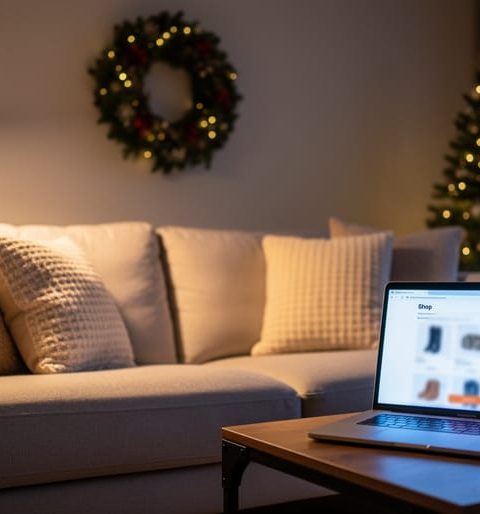 “Modern living room with sofa and lamp next to a laptop representing online Black Friday home furnishings deals.”