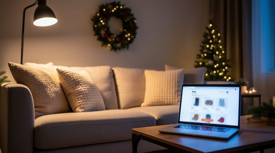 “Modern living room with sofa and lamp next to a laptop representing online Black Friday home furnishings deals.”