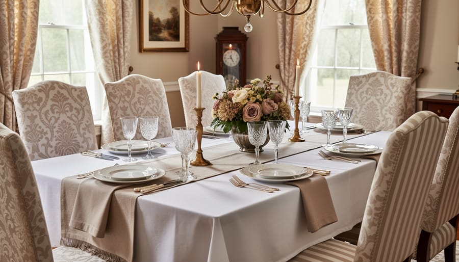 Close-up of a traditional dining table with toile runner, damask-style napkins, brass candlesticks, and dark wood paneling.