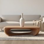 “Minimalist living room with neutral sofa, sculptural wood coffee table, and a tall ceramic vase in soft natural daylight.”