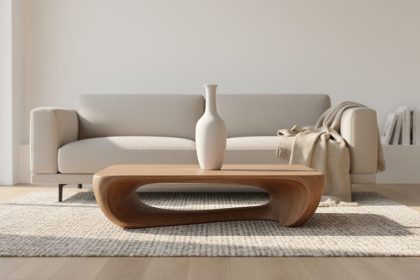 “Minimalist living room with neutral sofa, sculptural wood coffee table, and a tall ceramic vase in soft natural daylight.”