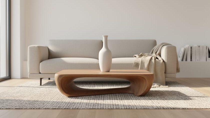 “Minimalist living room with neutral sofa, sculptural wood coffee table, and a tall ceramic vase in soft natural daylight.”