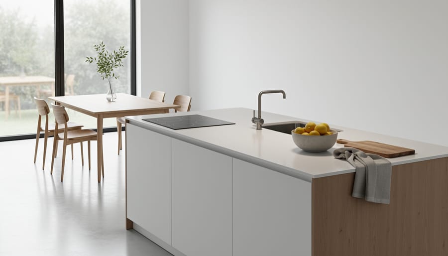 Minimalist kitchen and dining area with a clean countertop, a single ceramic bowl centerpiece, and streamlined wooden chairs.