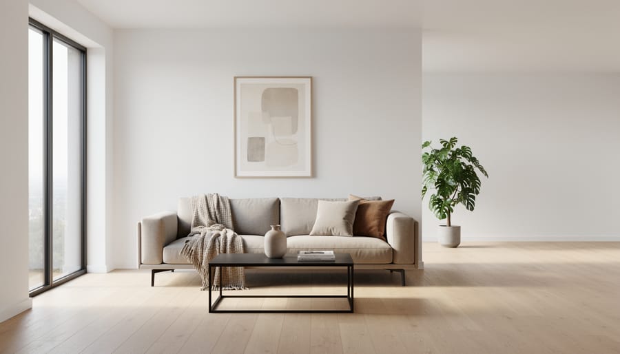 Minimalist living room with a neutral sofa, one sculptural vase, and a large window providing soft daylight.
