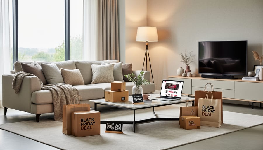 Modern living room with sofa, rug, and a side table holding gift boxes and a smartphone nearby for online shopping inspiration