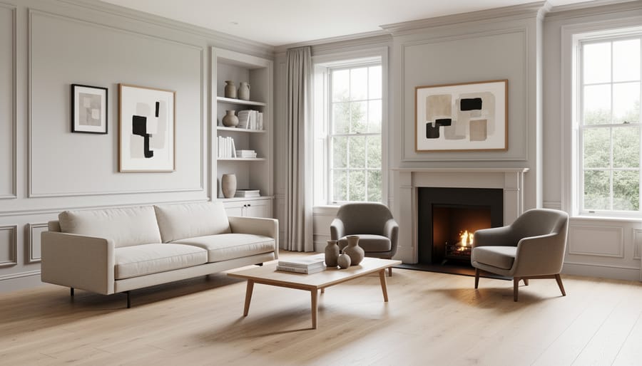 Modern-traditional living room corner with wingback chair, traditional rug, and lightened neutral palette.