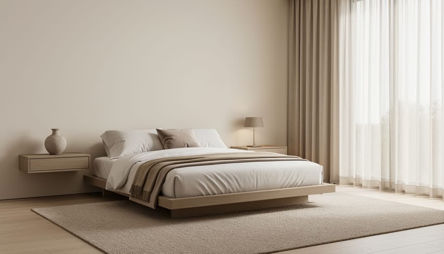 Serene minimalist bedroom with white linen bedding, a wooden bedside table, and a single lamp in warm golden light.