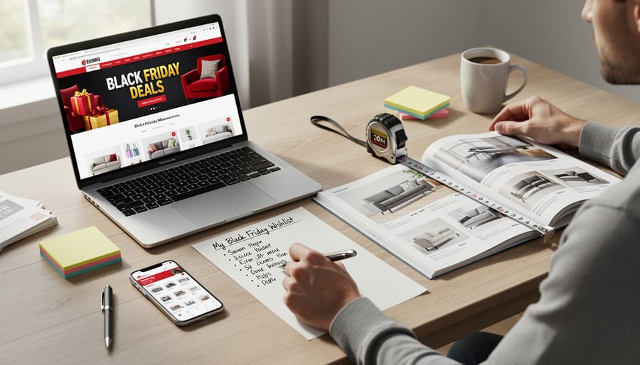 Smartphone and measuring tape on a desk next to a checklist for preparing to shop Black Friday online deals