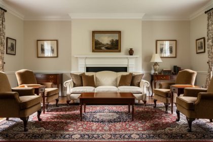 Symmetrical traditional living room with crown molding, warm wood furniture, a Persian rug, and upholstered seating facing a fireplace under soft natural light.