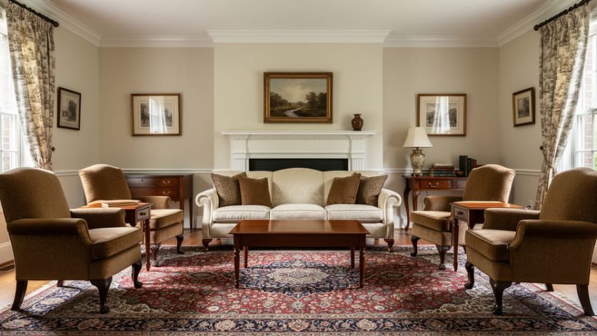 Symmetrical traditional living room with crown molding, warm wood furniture, a Persian rug, and upholstered seating facing a fireplace under soft natural light.