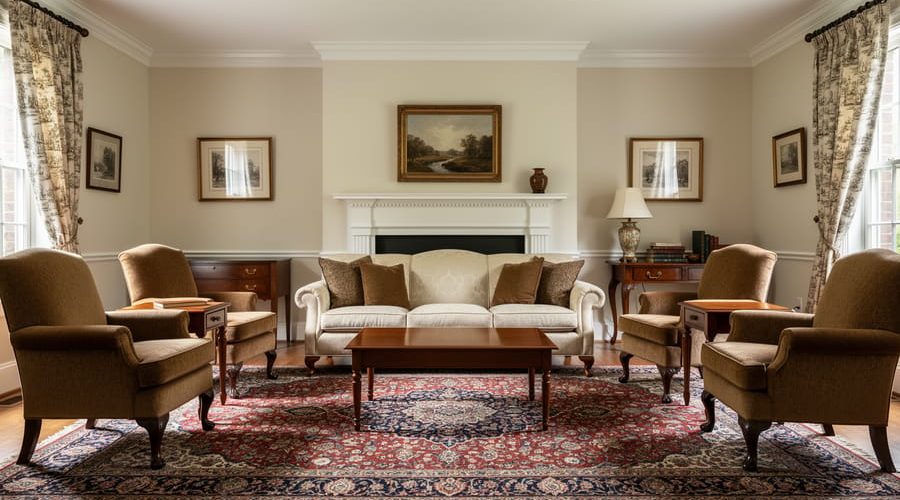 Symmetrical traditional living room with crown molding, warm wood furniture, a Persian rug, and upholstered seating facing a fireplace under soft natural light.