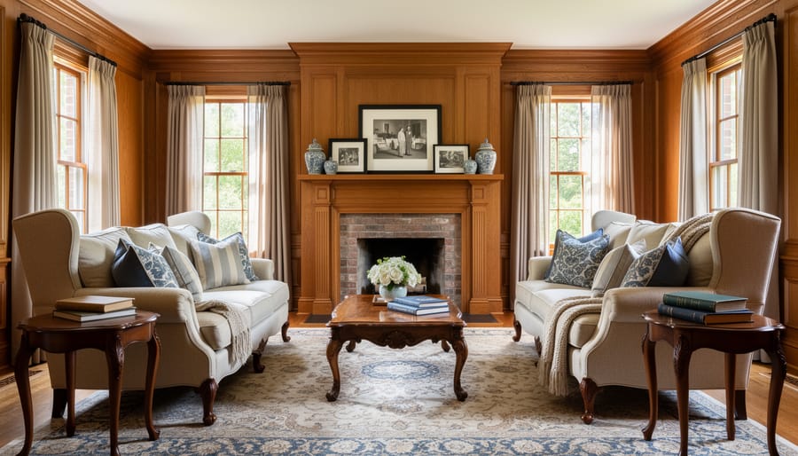 Traditional living room with camelback sofa, wingback chairs, Persian-style rug, and crown molding.