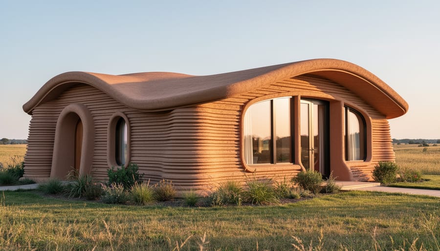 Exterior of a 3D-printed earth house showing layered earthen wall texture