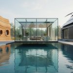 Wide cinematic view of a floating glass pavilion over water alongside an earth-toned 3D-printed house and a modern kinetic solar home under soft natural daylight.