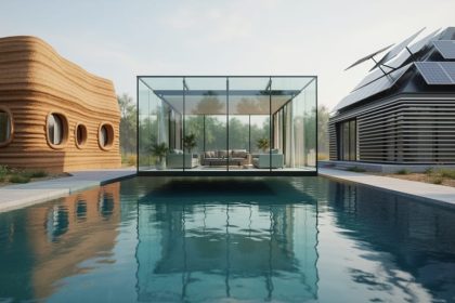 Wide cinematic view of a floating glass pavilion over water alongside an earth-toned 3D-printed house and a modern kinetic solar home under soft natural daylight.