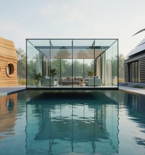 Wide cinematic view of a floating glass pavilion over water alongside an earth-toned 3D-printed house and a modern kinetic solar home under soft natural daylight.