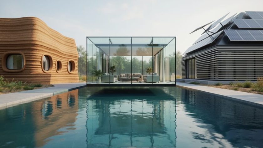 Wide cinematic view of a floating glass pavilion over water alongside an earth-toned 3D-printed house and a modern kinetic solar home under soft natural daylight.