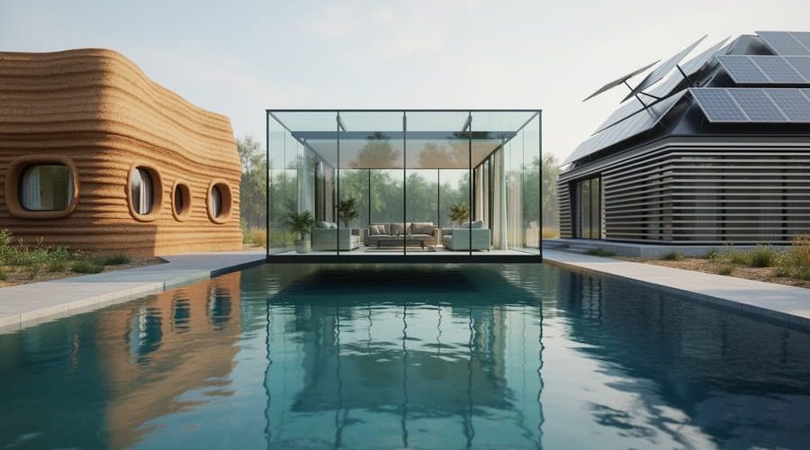 Wide cinematic view of a floating glass pavilion over water alongside an earth-toned 3D-printed house and a modern kinetic solar home under soft natural daylight.