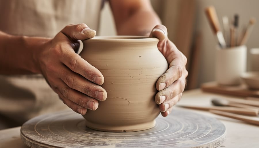 Artisan hands holding a hand-thrown ceramic vase with visible craftsmanship marks in a pottery workspace