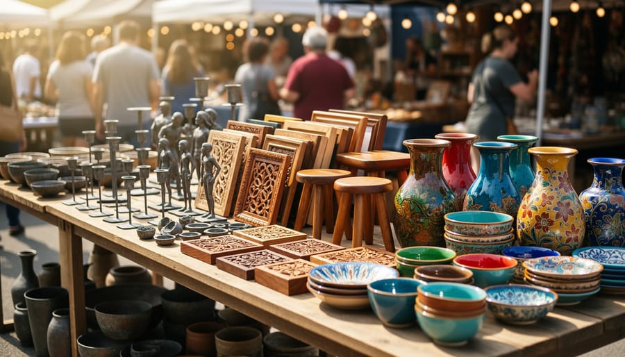 Handcrafted metal candle holders and carved wooden bowls displayed on a craft market table