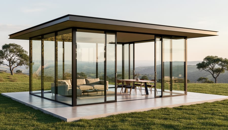 A modern floating glass pavilion with floor-to-ceiling glazing overlooking a landscaped garden