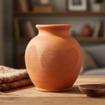 “Handcrafted terracotta vase and woven textile on a natural wood worktable with a blurred cozy living-room background.”