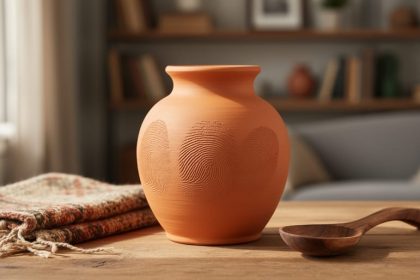 “Handcrafted terracotta vase and woven textile on a natural wood worktable with a blurred cozy living-room background.”