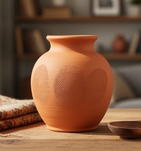 “Handcrafted terracotta vase and woven textile on a natural wood worktable with a blurred cozy living-room background.”