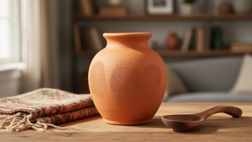 “Handcrafted terracotta vase and woven textile on a natural wood worktable with a blurred cozy living-room background.”