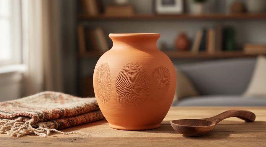 “Handcrafted terracotta vase and woven textile on a natural wood worktable with a blurred cozy living-room background.”