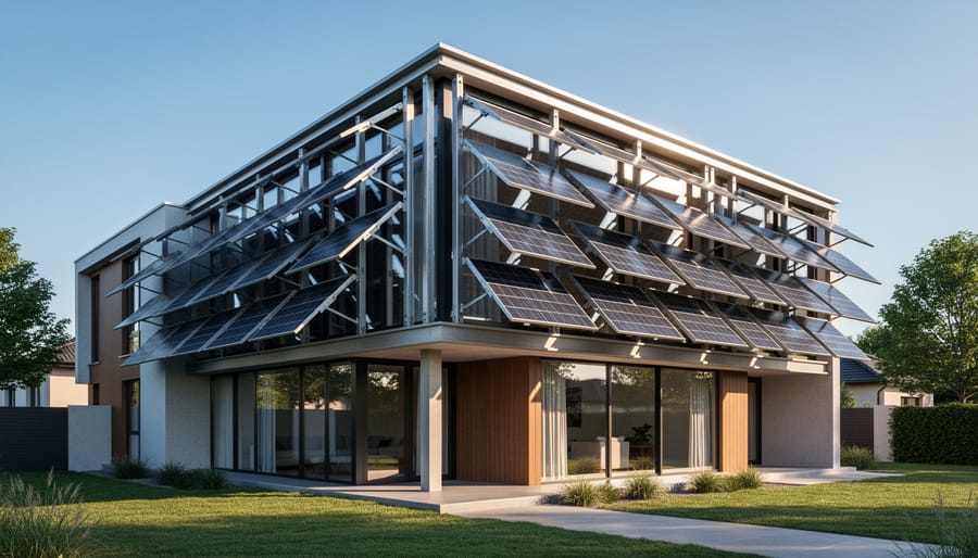 Modern home facade with angled solar louvers suggesting kinetic sun tracking