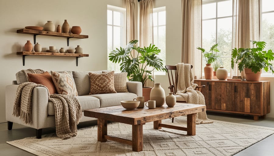 Living room corner styled with handcrafted wood, a woven wall hanging, and ceramic planters