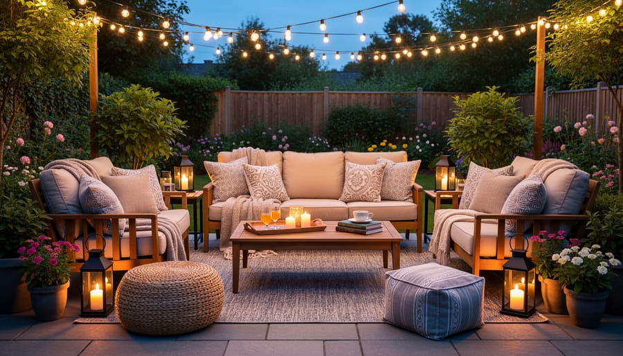 Modern patio with a modular sectional sofa, coffee table, layered textiles, and warm string lights at dusk