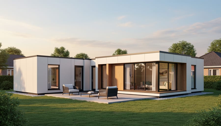 Modular expandable home with an added section extended to enlarge the living space