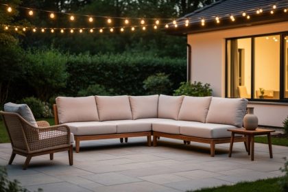 Modular outdoor patio seating with plush cushions, woven wicker accents, and warm string lights creating an indoor-style outdoor living room.